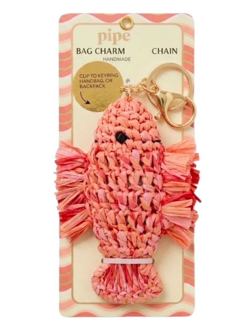 💕▪️Piper K  Coral Pink Handmade RAFFIA crotchet  Fish Bag Charm Keychain